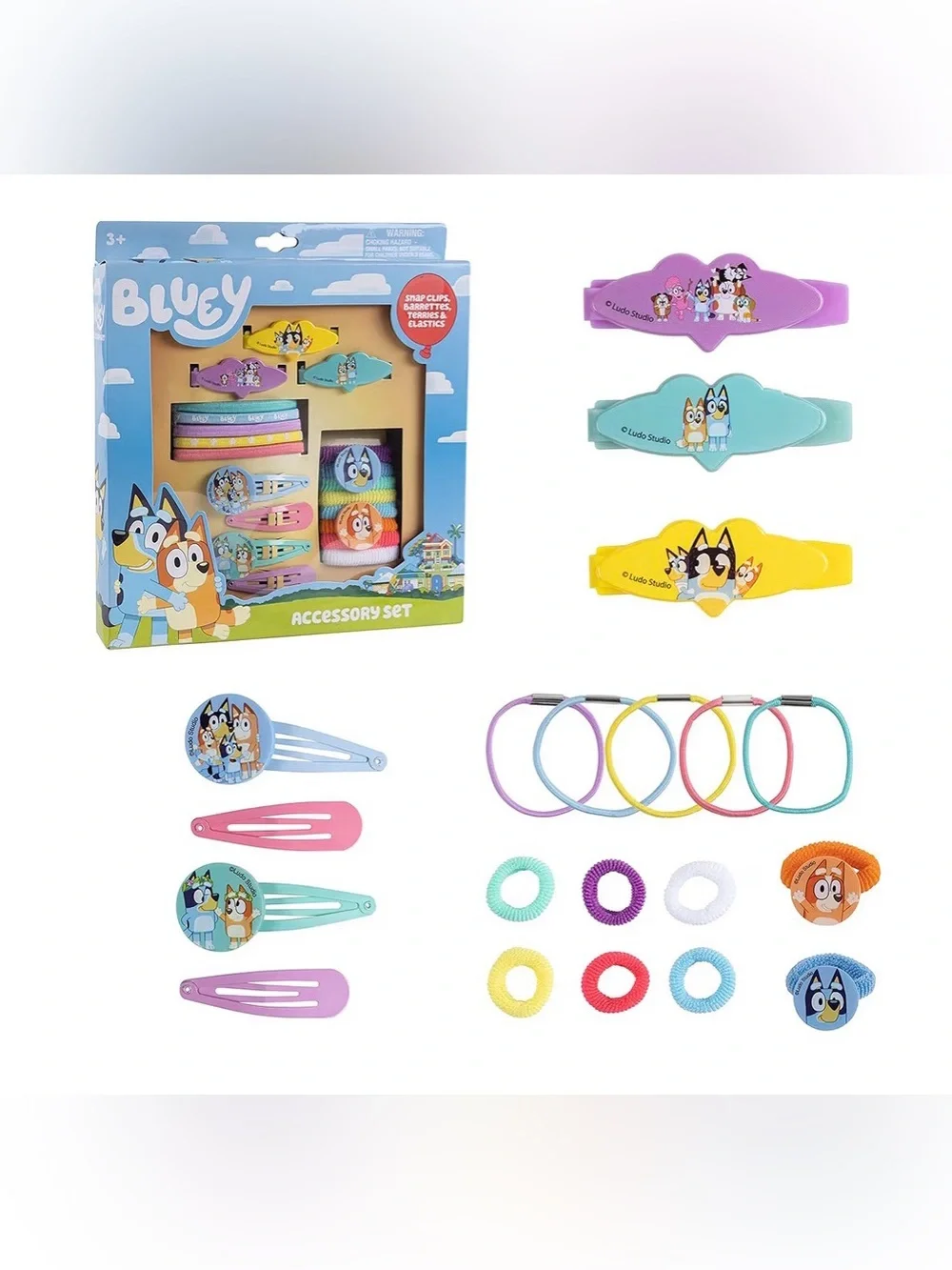 Bluey Kids Hair Accessory Set - Multicolor Clips & Elastics NIB